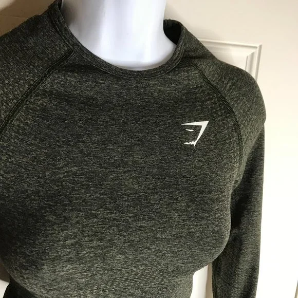 Gymshark Women's Cropped Long Sleeve Thumbhole Athletic Top Green ~ Size XS - Picture 2 of 7